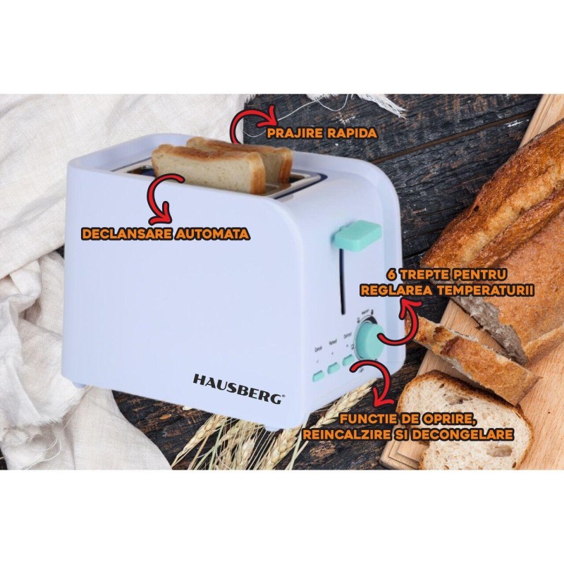 Prajitor de paine Hausberg HB-195BL, 750 W, 2 felii, functie decongelare, functie reincalzire, 6 trepte putere, Alb/Bleu