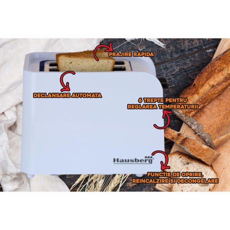 Prajitor de paine Hausberg HB-195NG, 750 W, 2 felii, functie decongelare, functie reincalzire, 6 trepte putere, alb/negru