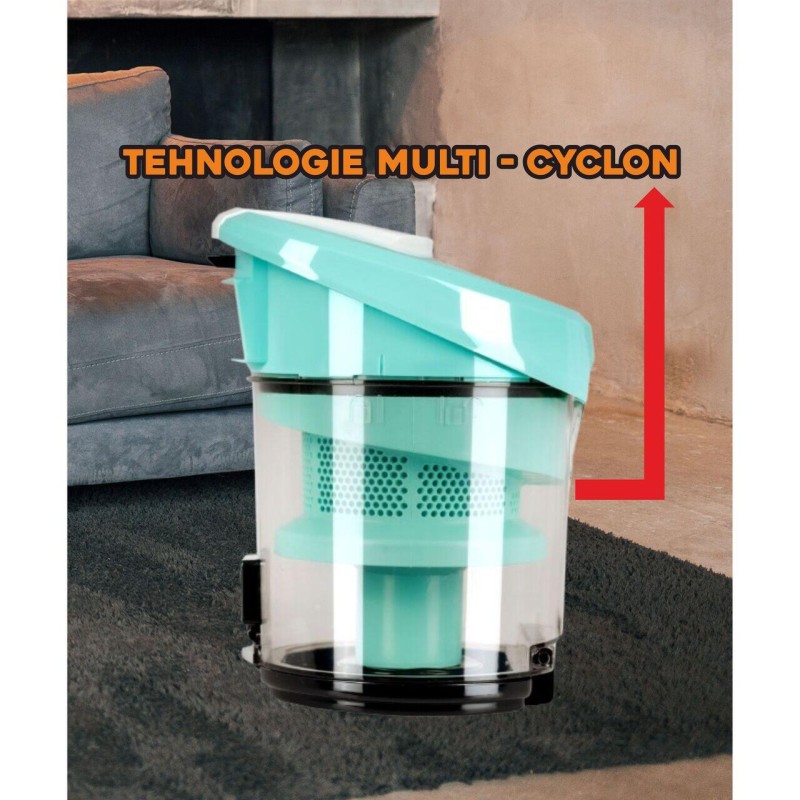 Aspirator fara sac Hausberg HB-2005VR, ciclonic, aspirare uscata, filtru Hepa, tehnologie multi-cyclon, 3L, 700W, 79dB, Alb-Turcoaz