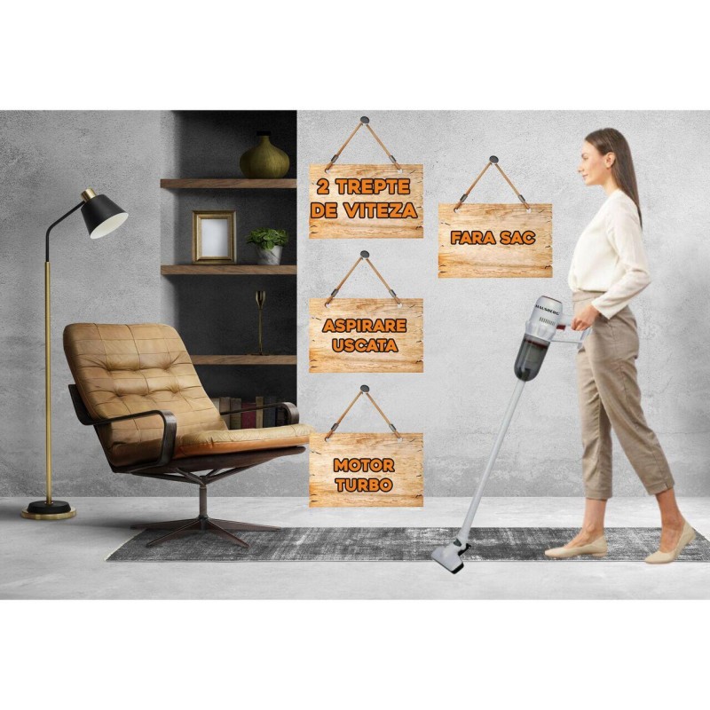 Aspirator vertical 2 in 1 HAUSBERG HB-2024GR, fara sac, aspirare uscata, 2 niveluri de viteza, motor turbo, 0.7 L, 600-800W, Gri