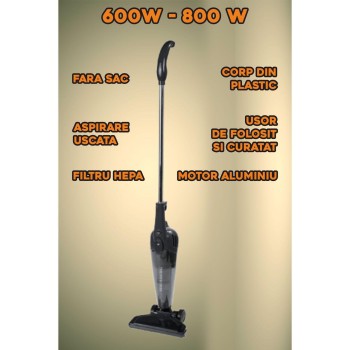 Aspirator vertical 2 in 1 HAUSBERG HB-2025NG, fara sac, aspirare uscata, filtru Hepa, 0.5 L, 600W, Negru