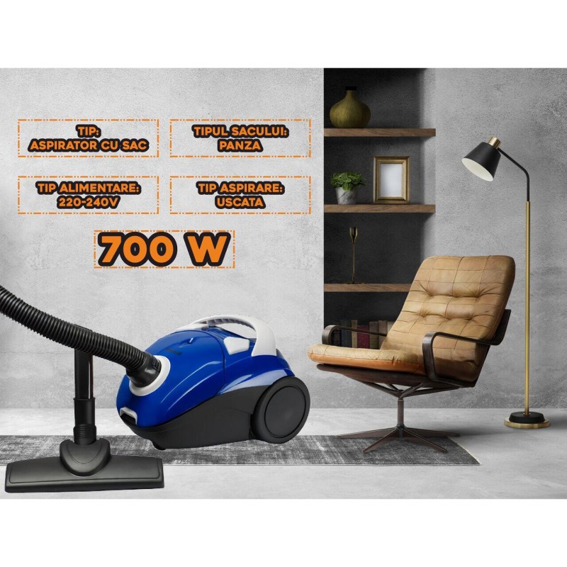 Aspirator cu sac panza Hausberg HB-2080BL, 700W, Capacitate 1.5L, Albastru