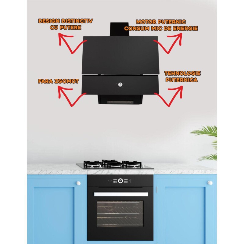 Hota Incorporabila decorativa Hausberg HB-2285NG, 163W , Filtru aluminiu, Putere de absorbtie maxim 650 m3/h, 60 cm, Negru