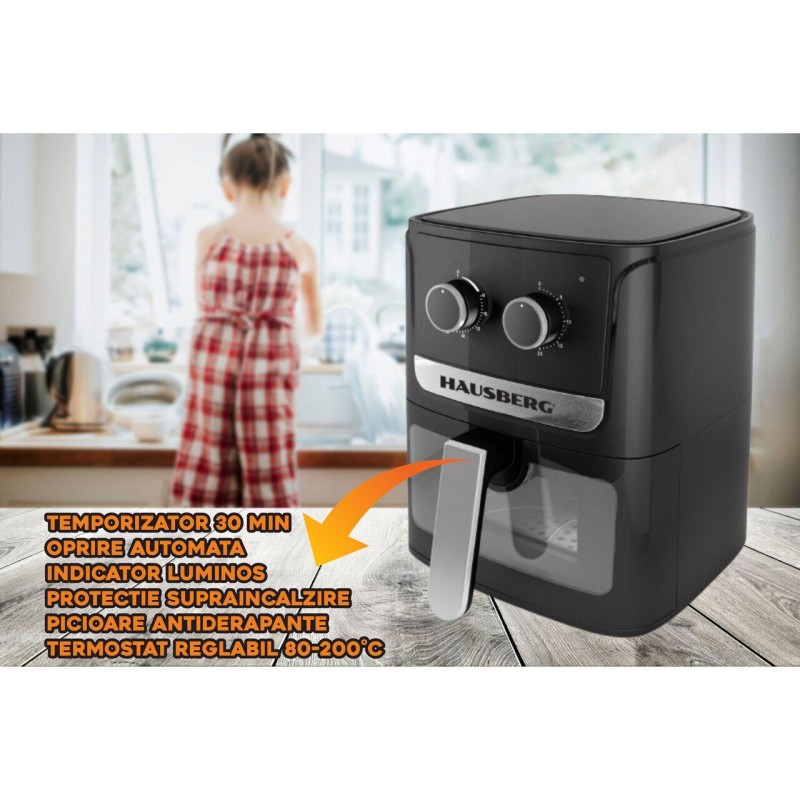 Friteuza cu aer cald HAUSBERG HB-2340, 1300-1500 W, 5 litri, temporizator 30 min, oprire automata, indicator luminos, termostat reglabil 80-200 grade C, protectie supraincalzire, picioare antiderapante, Negru