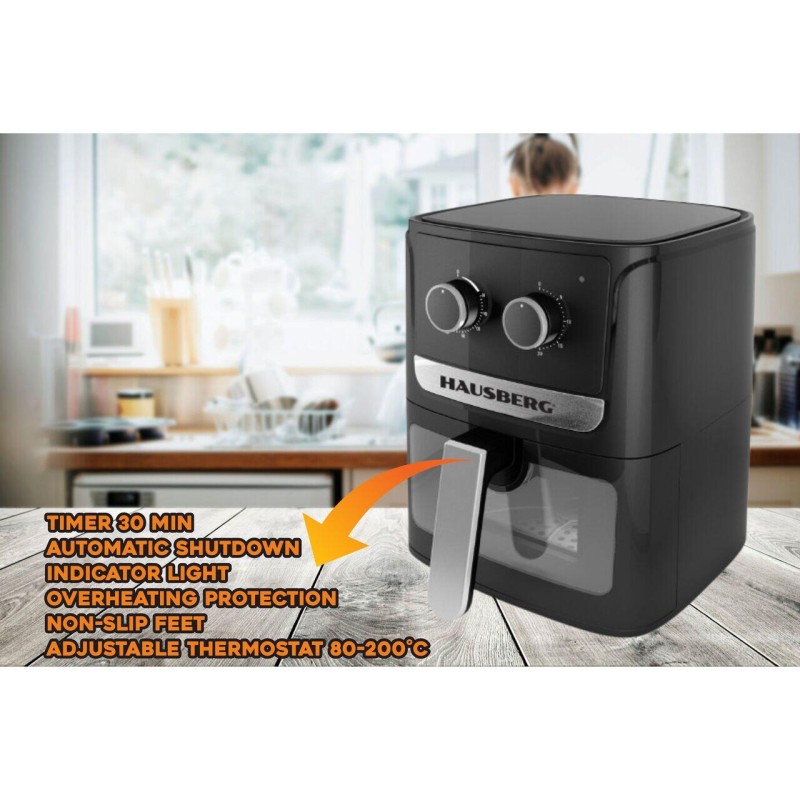 Friteuza cu aer cald HAUSBERG HB-2340, 1300-1500 W, 5 litri, temporizator 30 min, oprire automata, indicator luminos, termostat reglabil 80-200 grade C, protectie supraincalzire, picioare antiderapante, Negru