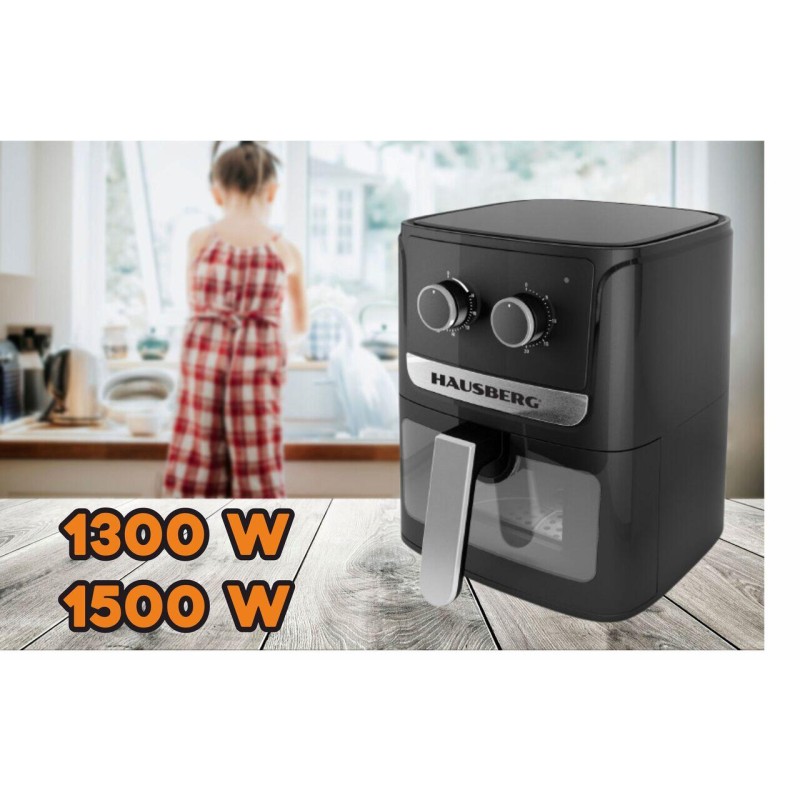 Friteuza cu aer cald HAUSBERG HB-2340, 1300-1500 W, 5 litri, temporizator 30 min, oprire automata, indicator luminos, termostat reglabil 80-200 grade C, protectie supraincalzire, picioare antiderapante, Negru