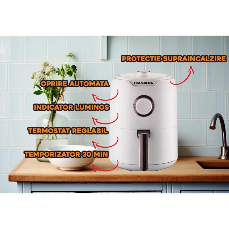 Friteuza cu aer cald HAUSBERG HB-2351, 1000-1200 W, 2.6 litri, temporizator 30 min, oprire automata, indicator luminos, termostat reglabil 80-200 grade C, protectie supraincalzire, picioare antiderapante, Alb