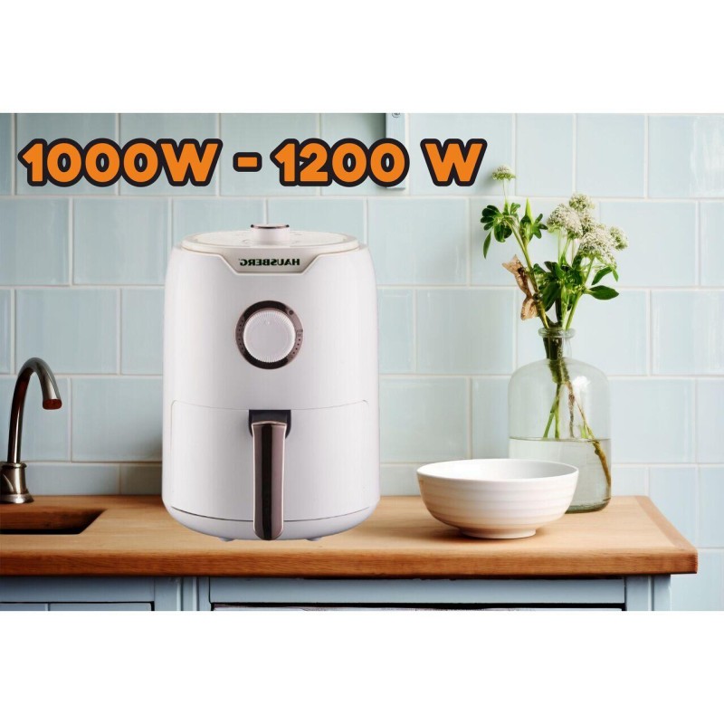 Friteuza cu aer cald HAUSBERG HB-2351, 1000-1200 W, 2.6 litri, temporizator 30 min, oprire automata, indicator luminos, termostat reglabil 80-200 grade C, protectie supraincalzire, picioare antiderapante, Alb