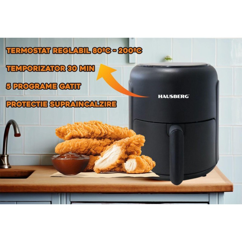 Friteuza cu aer cald HAUSBERG HB-2356, 1000-1200 W, 2.6 litri, temporizator 30 min, termostat reglabil 80 - 200 grade C, 5 programe gatit, protectie supraincalzire, Negru