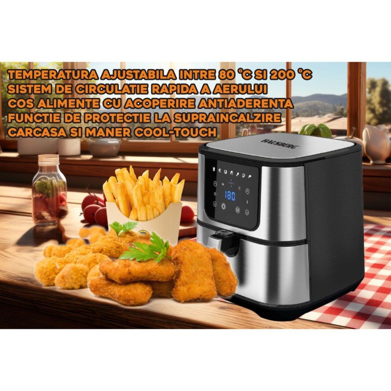 Friteuza Air Fryer Hausberg HB-2365, 1600-1800 W, 5.2 L, Timer, protectie supra-incalzire, maner rece, Display LCD
