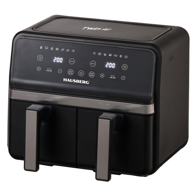 Friteuza dubla cu aer cald HAUSBERG HB-2373NG, 2200-2400W, capacitate 8.4L, termostat reglabil cu afisaj LED, control digital individual, 14 programe prestabilite, temporizator 60 min, ventilator de racire, Negru