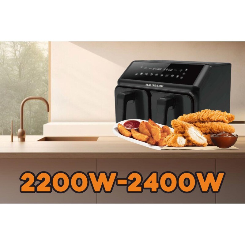 Friteuza dubla cu aer cald HAUSBERG HB-2375, 2200-2400W, 8 litri, Timer, 8 programe de gatit, 200C, Negru