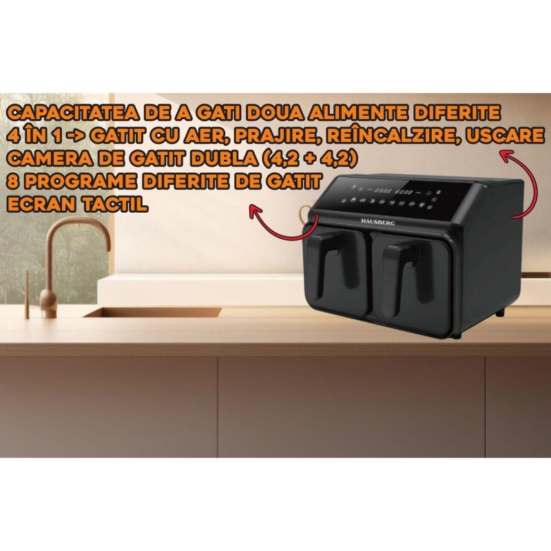 Friteuza dubla cu aer cald HAUSBERG HB-2375, 2200-2400W, 8 litri, Timer, 8 programe de gatit, 200C, Negru