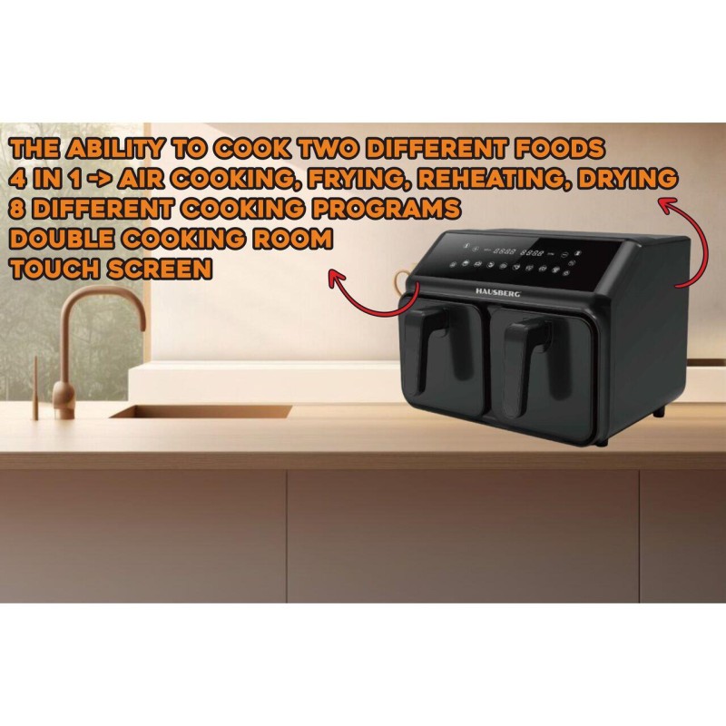 Friteuza dubla cu aer cald HAUSBERG HB-2375, 2200-2400W, 8 litri, Timer, 8 programe de gatit, 200C, Negru