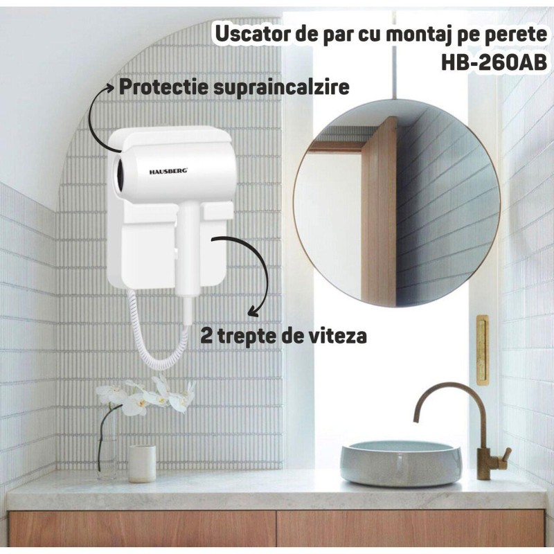 Uscator de par cu montaj pe perete HAUSBERG HB-260AB, 1200W, 2 trepte de viteza, protectie supraincalzire, accesorii incluse, Alb