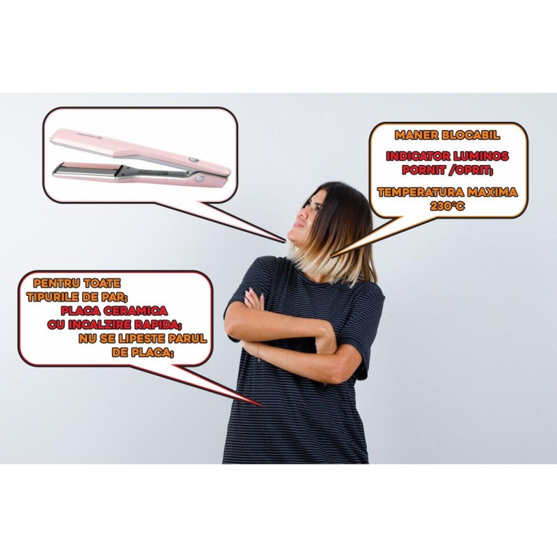 Placa de indreptat parul Hausberg HB-33RZ, 235 grade, Incalzire rapida, Roz