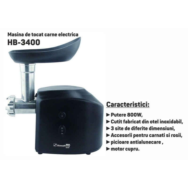 Masina de tocat carne electrica HAUSBERG HB-3400, 800W, cutit inox, picioare antialunecare, Negru