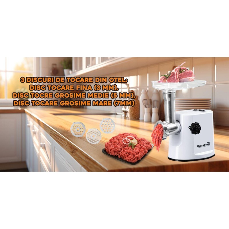 Masina de tocat carne Hausberg HB-3415AB,1000 W, 1Kg/min, Alb