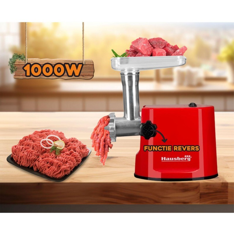 Masina de tocat carne Hausberg HB-3415RS,1000 W, 1Kg/min, Rosu