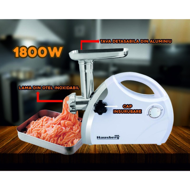 Masina de tocat carne Hausberg HB-3430AB, Inox , 1800 W, motor cupru, Alb