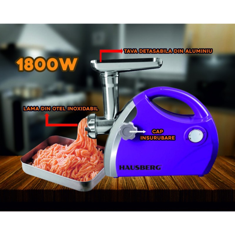 Masina de tocat carne Hausberg HB-3430MV, Inox , 1800 W, motor cupru, Mov