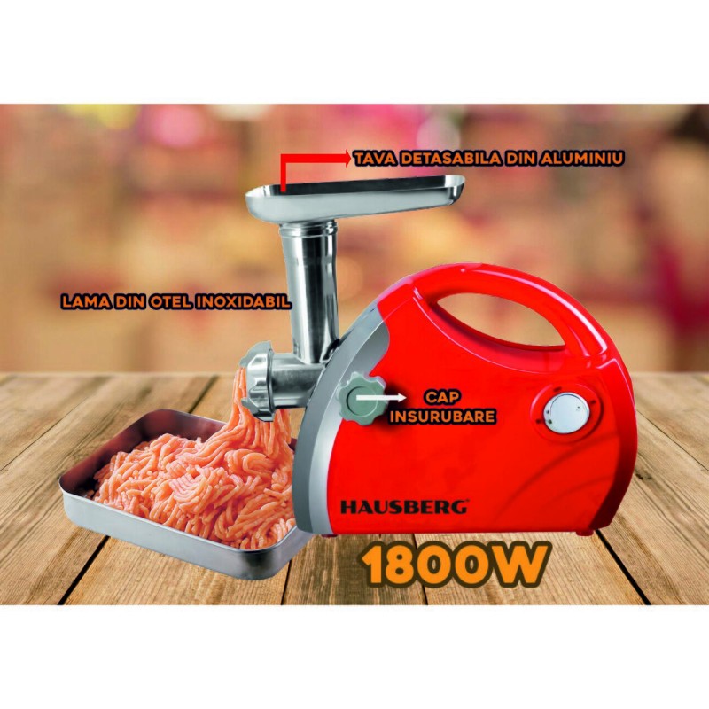 Masina de tocat carne Hausberg HB-3430RS, Inox , 1800 W, motor cupru, Rosu