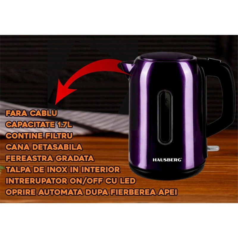 Cana fierbator Hausberg HB-3608MV, 2200 W, 1.7 l, Inox, MOV