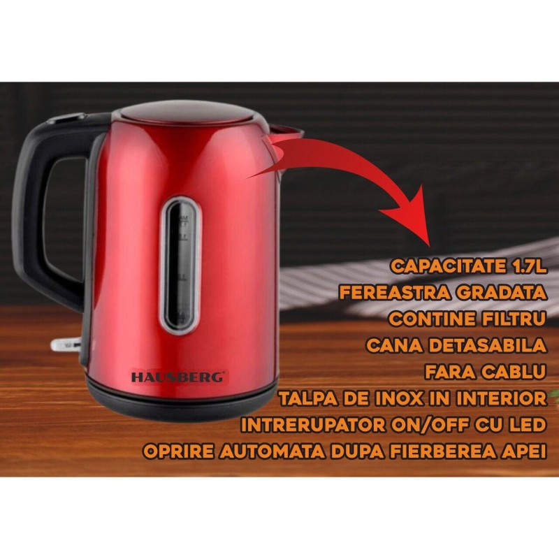 Cana fierbator Hausberg HB-3608RS, 2200 W, 1.7 l, Inox, ROSU