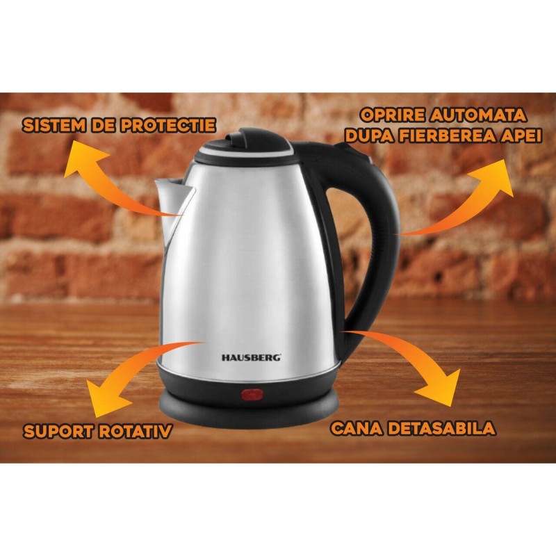 Cana fierbator inox Hausberg HB-3615, 1500 W, 1.8 L, suport rotativ, sistem de protectie