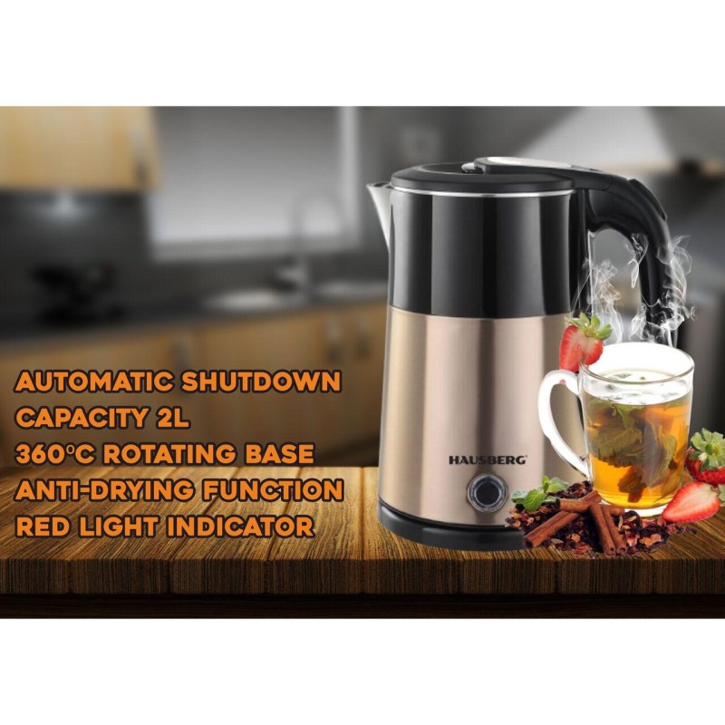 Cana fierbator Hausberg HB-3618AU, 1500 W, 2 L, Baza rotativa 360 grade, Indicator luminos, Oprire automata, Auriu