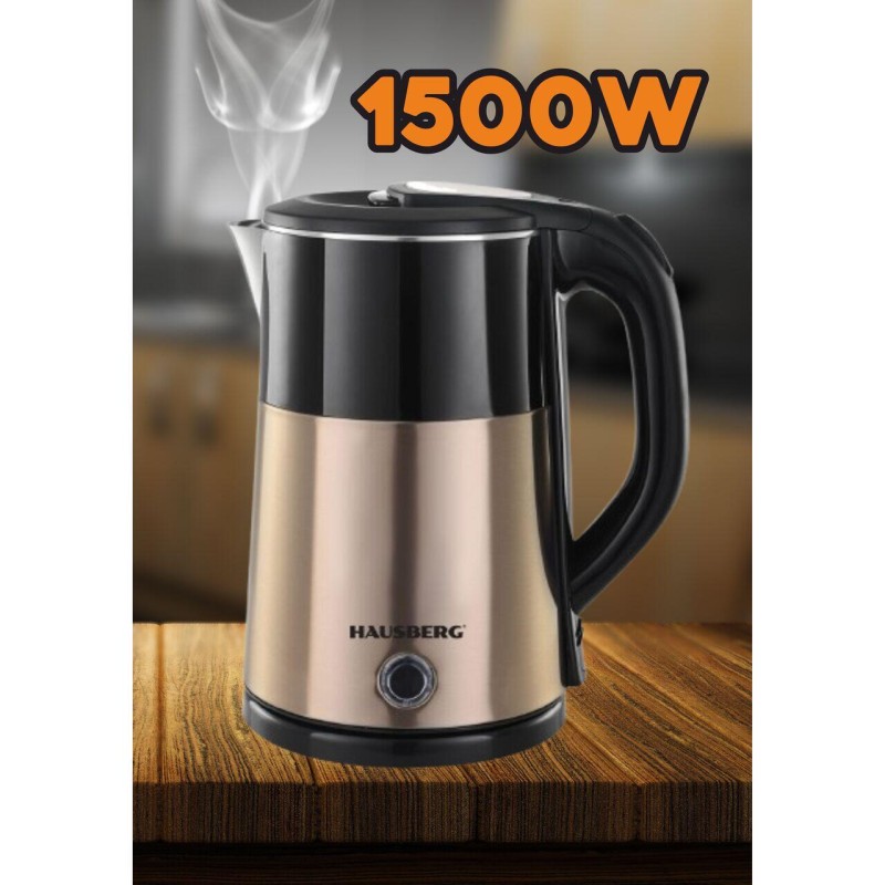 Cana fierbator Hausberg HB-3618AU, 1500 W, 2 L, Baza rotativa 360 grade, Indicator luminos, Oprire automata, Auriu