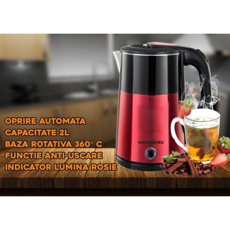 Cana fierbator Hausberg HB-3618RS, 1500 W, 2 L, Baza rotativa 360 grade, Indicator luminos, Oprire automata, Rosu