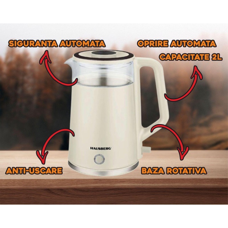 Cana fierbator HAUSBERG HB-3619BEJ, 1500 - 1800W, capacitate 2L, Anti-uscare, Oprire automata, Material Inox, sticla + plastic Bej
