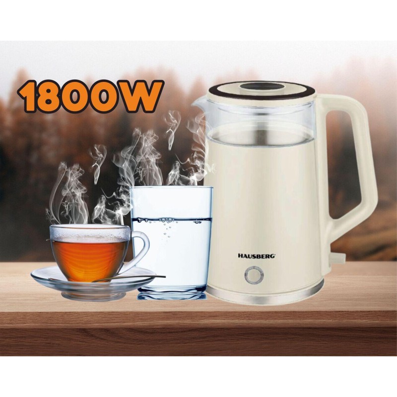 Cana fierbator HAUSBERG HB-3619BEJ, 1500 - 1800W, capacitate 2L, Anti-uscare, Oprire automata, Material Inox, sticla + plastic Bej