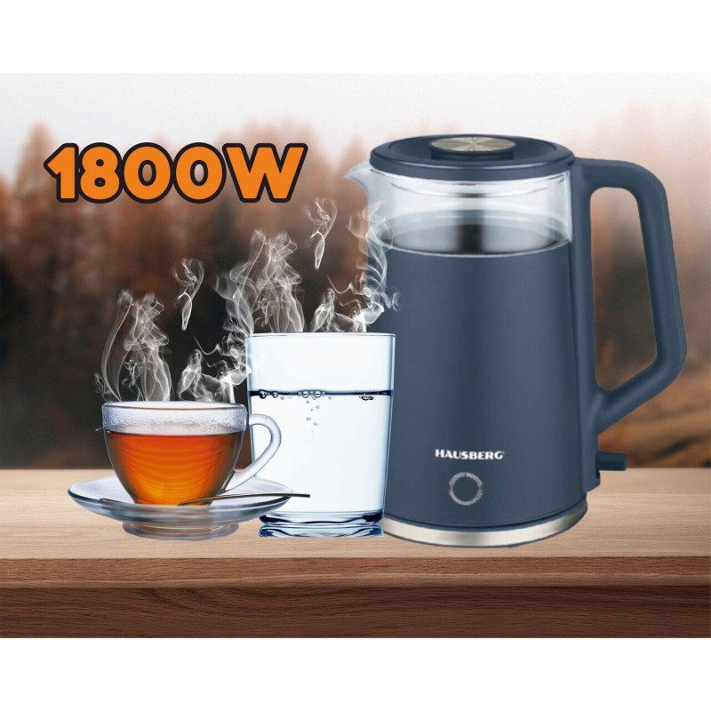 Cana fierbator HAUSBERG HB-3619BL, 1500 - 1800W, capacitate 2L, Anti-uscare, Oprire automata, Material Inox, sticla + plastic Bleu