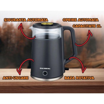 Cana fierbator HAUSBERG HB-3619NG, 1500 - 1800W, capacitate 2L, Anti-uscare, Oprire automata, Material Inox, sticla + plastic Negru