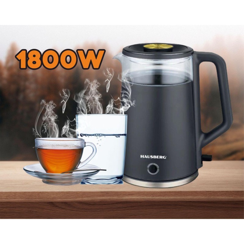Cana fierbator HAUSBERG HB-3619NG, 1500 - 1800W, capacitate 2L, Anti-uscare, Oprire automata, Material Inox, sticla + plastic Negru