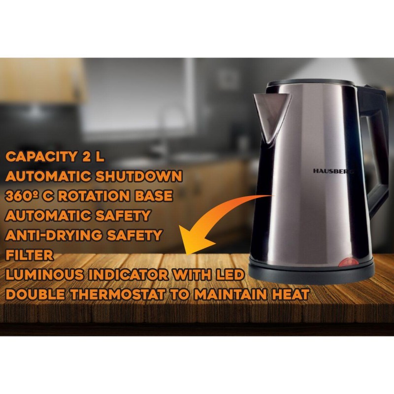 Cana electrica fierbator HAUSBERG HB-3620, 1800W, capacitate 2L, filtru, oprire automata, indicator luminos LED, termostat dublu, Inox