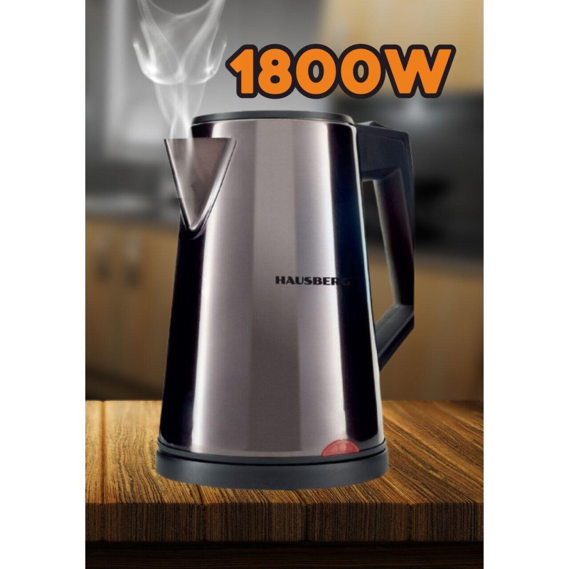 Cana electrica fierbator HAUSBERG HB-3620, 1800W, capacitate 2L, filtru, oprire automata, indicator luminos LED, termostat dublu, Inox