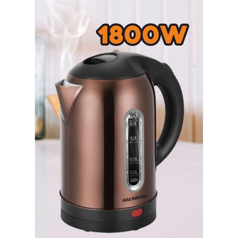 Fierbator apa electric HAUSBERG HB-3621CU, 1500 - 1800 W, 1.8 litri, rezervor de apa din otel inoxidabil, oprire automata la fierbere, rotire la 360 grade, protectie la supraincalzire, baza detasabila, cupru
