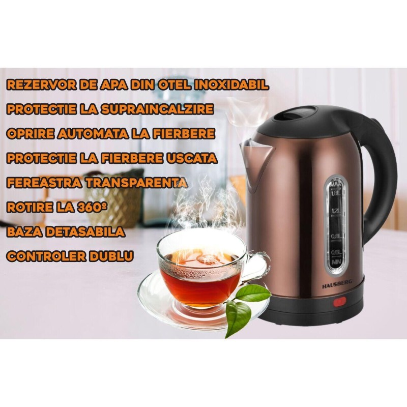 Fierbator apa electric HAUSBERG HB-3621CU, 1500 - 1800 W, 1.8 litri, rezervor de apa din otel inoxidabil, oprire automata la fierbere, rotire la 360 grade, protectie la supraincalzire, baza detasabila, cupru