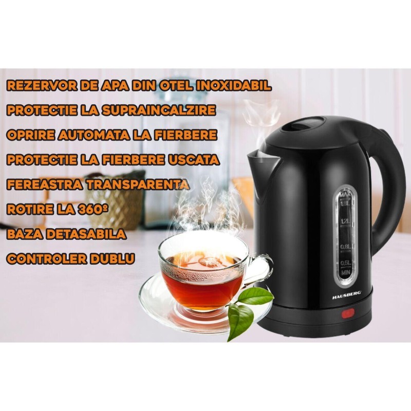 Fierbator apa electric HAUSBERG HB-3621NG, 1500 - 1800 W, 1.8 litri, rezervor de apa din otel inoxidabil, oprire automata la fierbere, rotire la 360 grade, protectie la supraincalzire, baza detasabila, negru