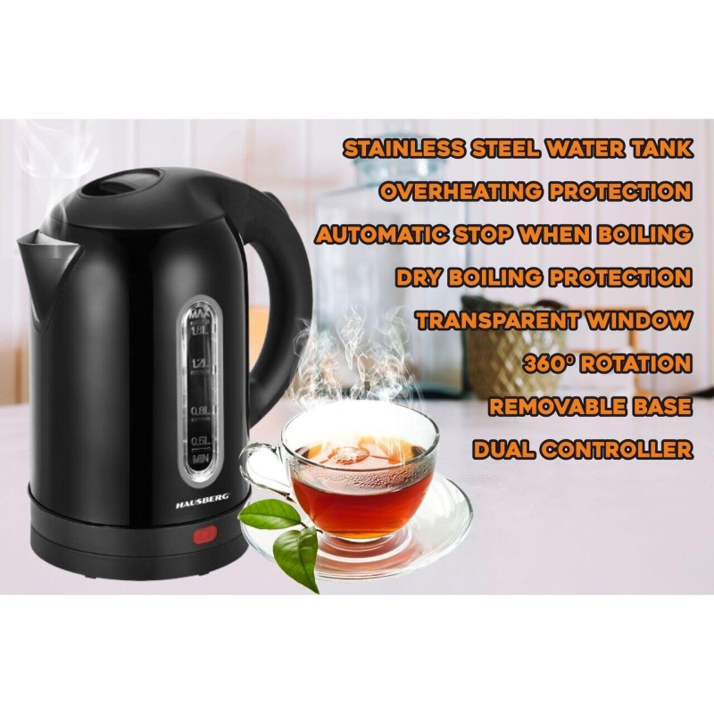 Fierbator apa electric HAUSBERG HB-3621NG, 1500 - 1800 W, 1.8 litri, rezervor de apa din otel inoxidabil, oprire automata la fierbere, rotire la 360 grade, protectie la supraincalzire, baza detasabila, negru
