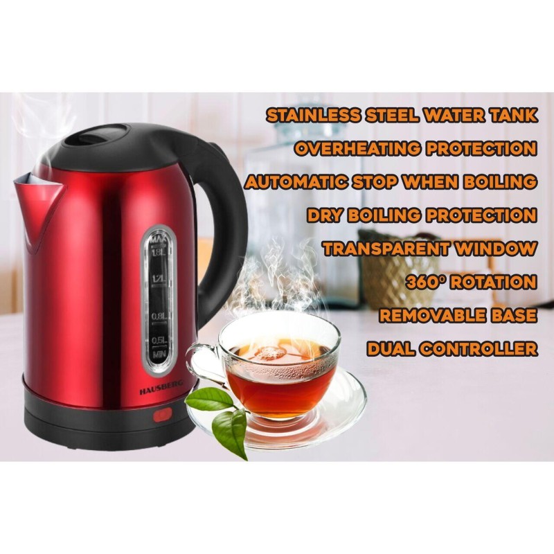Fierbator apa electric HAUSBERG HB-3621RS, 1500 - 1800 W, 1.8 litri, rezervor de apa din otel inoxidabil, oprire automata la fierbere, rotire la 360 grade, protectie la supraincalzire, baza detasabila, rosu