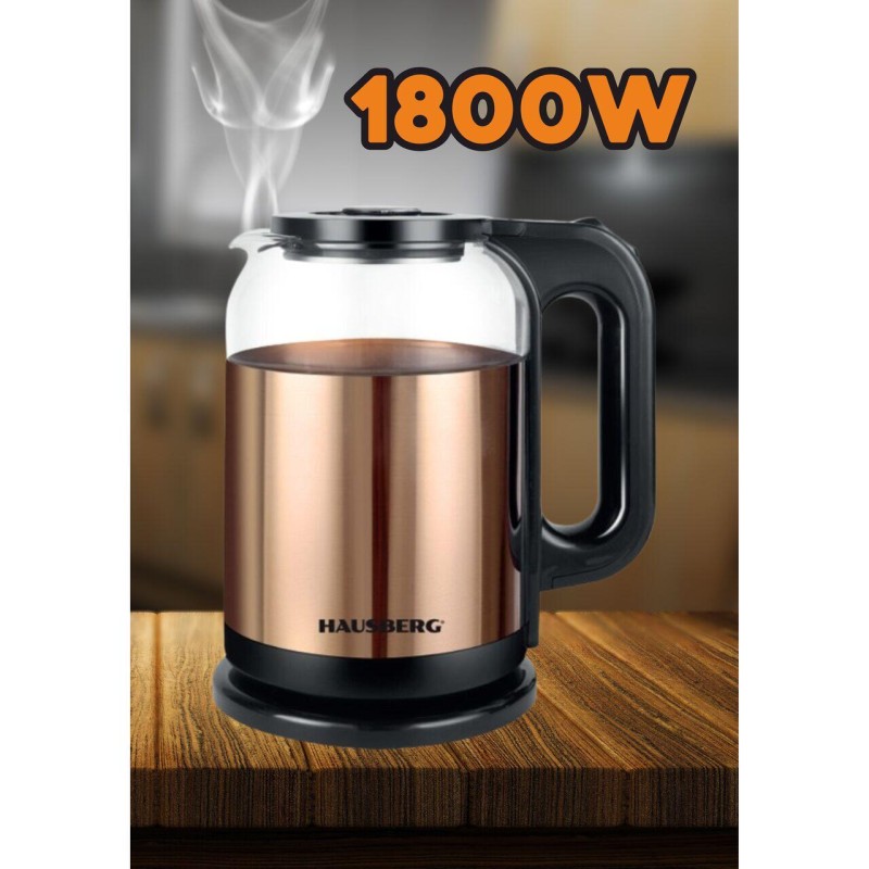 Cana electrica fierbator HAUSBERG HB-3622AU, 1500 - 1800W, capacitate 2L, oprire automata, indicator luminos, Auriu-Negru