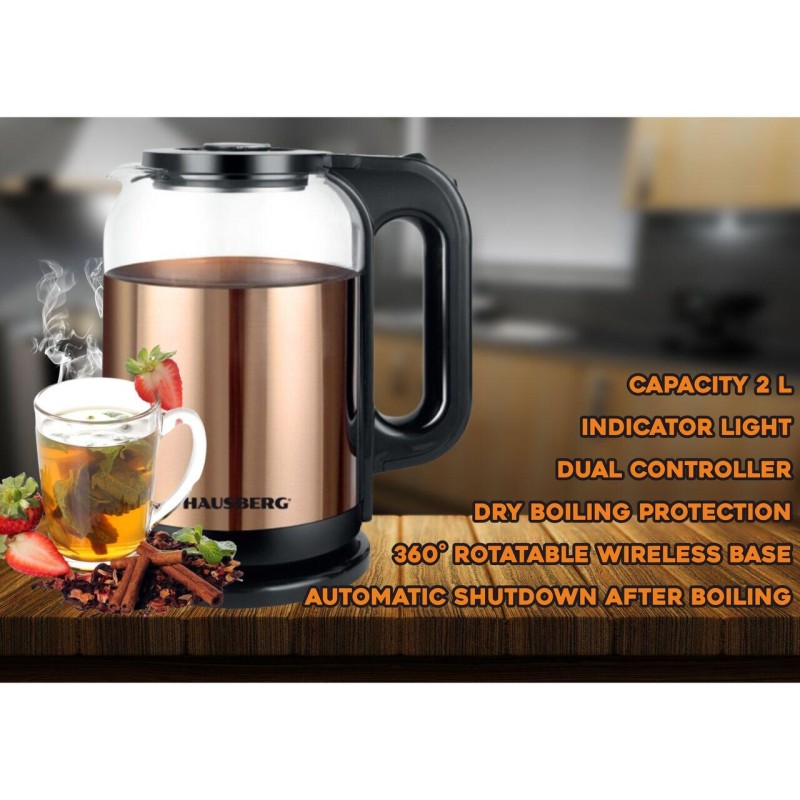 Cana electrica fierbator HAUSBERG HB-3622AU, 1500 - 1800W, capacitate 2L, oprire automata, indicator luminos, Auriu-Negru