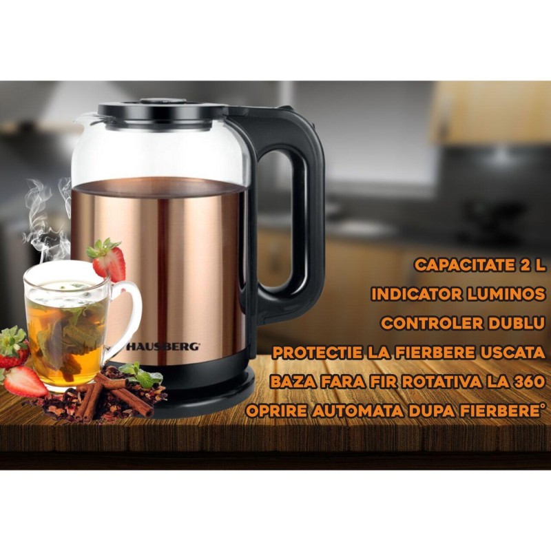 Cana electrica fierbator HAUSBERG HB-3622AU, 1500 - 1800W, capacitate 2L, oprire automata, indicator luminos, Auriu-Negru