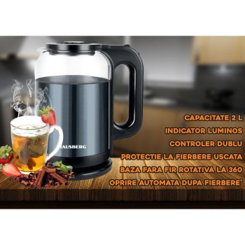 Cana electrica fierbator HAUSBERG HB-3622BL, 1500 - 1800W, capacitate 2L, oprire automata, indicator luminos, Bleu-Negru