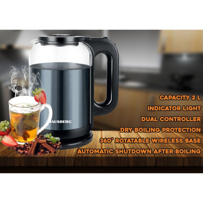 Cana electrica fierbator HAUSBERG HB-3622BL, 1500 - 1800W, capacitate 2L, oprire automata, indicator luminos, Bleu-Negru