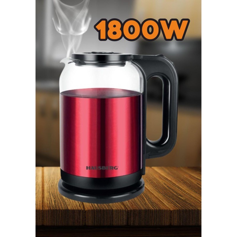 Cana electrica fierbator HAUSBERG HB-3622RS, 1500 - 1800W, capacitate 2L, oprire automata, indicator luminos, Rosu-Negru